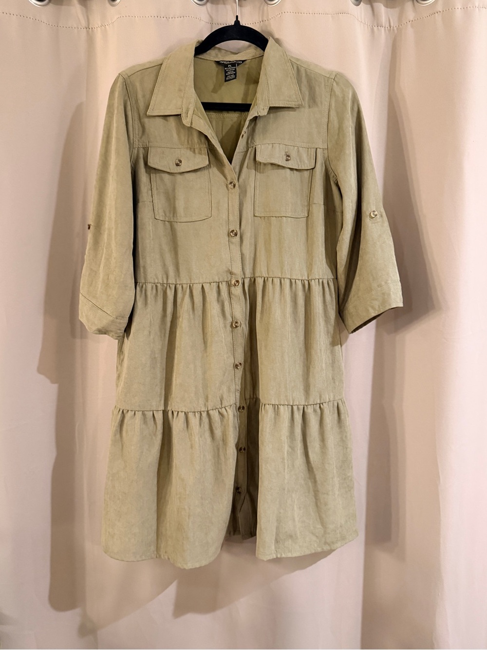 Millenium Light Olive Tiered Button Up Dress